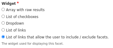 screenshot of list of configuration options for facets