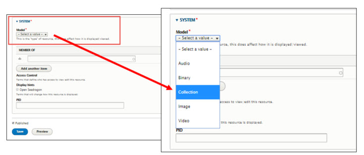 Near end of form, under System, select collection