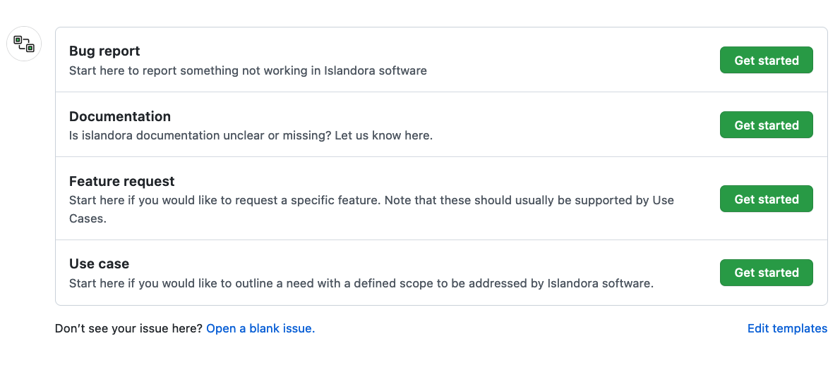 Bug report, Documentation, Feature Request, and Use case are presented as possible issue templates when opening a new issue.