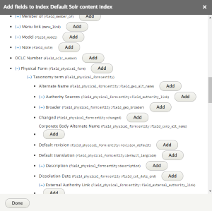 Screenshot of the Add fields menu with terms expanded