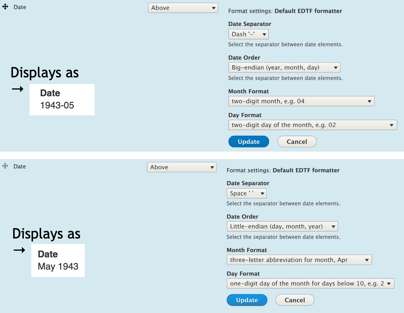 Combined screenshots displaying the EDTF default formatter settings, default on top and modified settings below, with an example formatted EDTF value displayed for each.