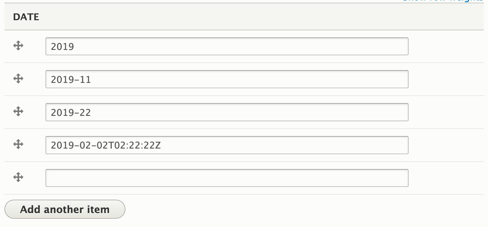 Screenshot of valid dates ('2019', '2019-11', '2019-22', and '2019-02-02T02:22:22Z') in an EDTF form widget.