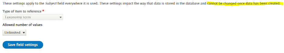 Screenshot of the storage settings for an entity reference field