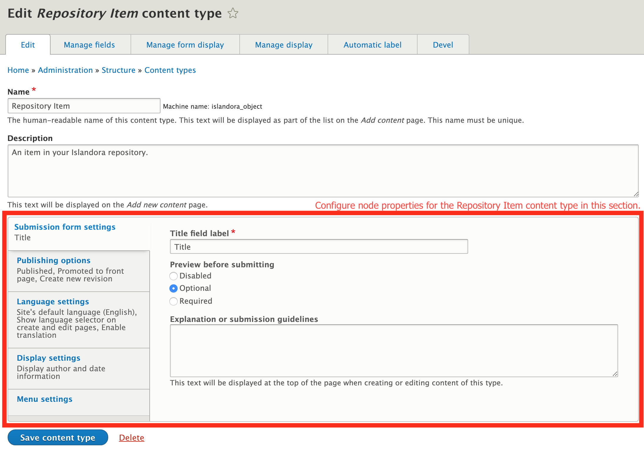 The Repository Item content type edit form.